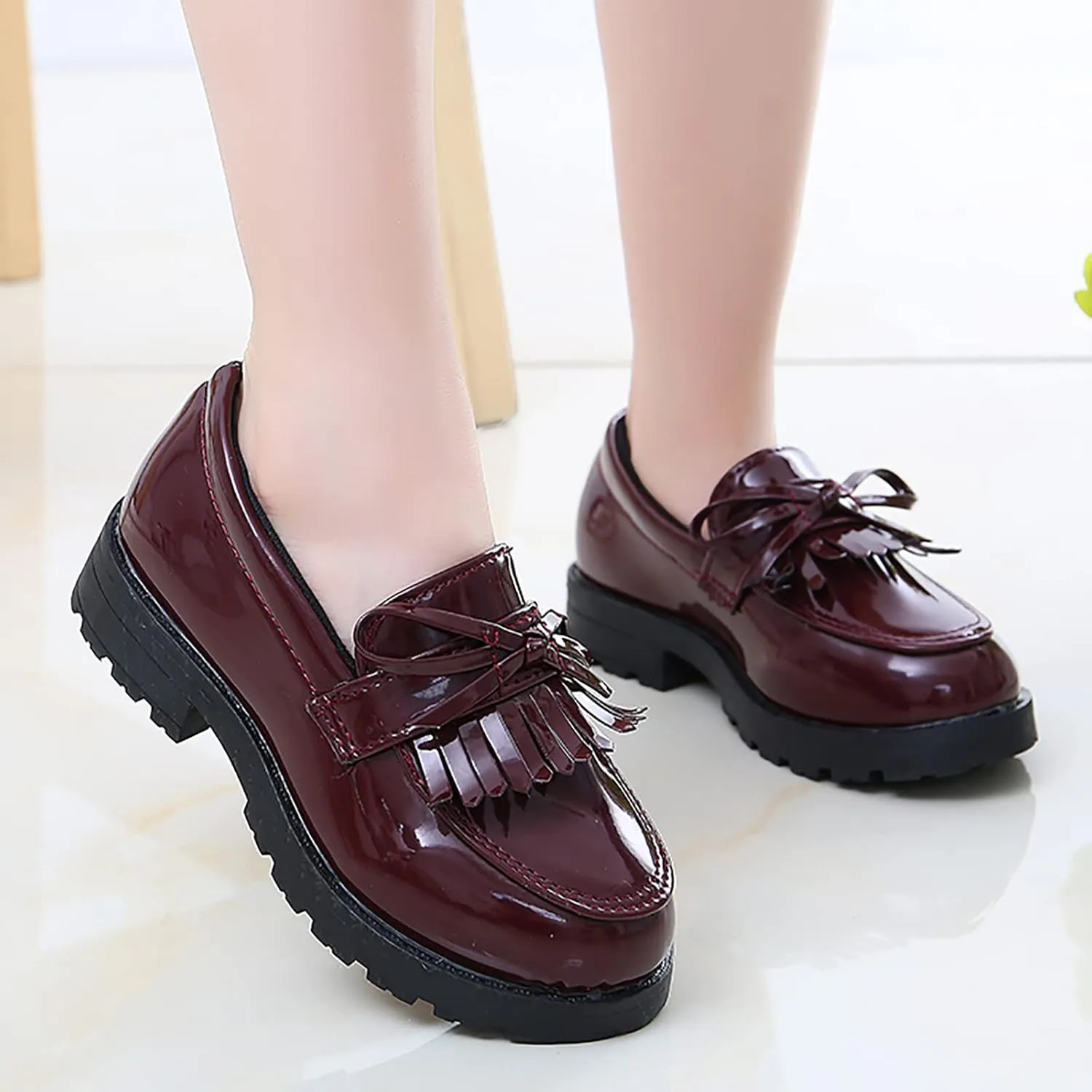 Girls Slip On Leather Loafer Tassel Bow School Dress Shoes For Girls Water Shoes Toddler