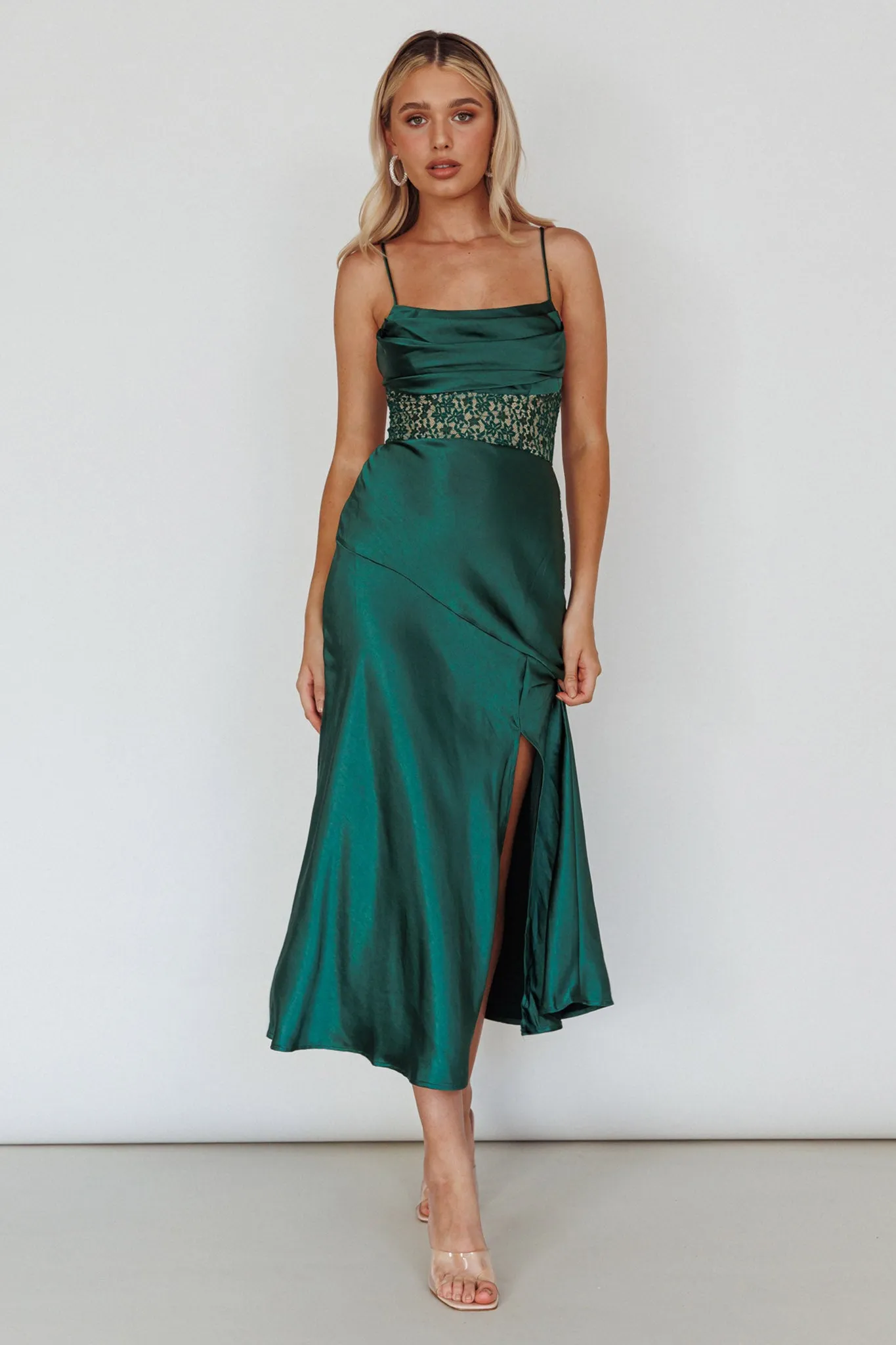 Golden Era Cowl Neck Lace Waist Midi Dress Jade