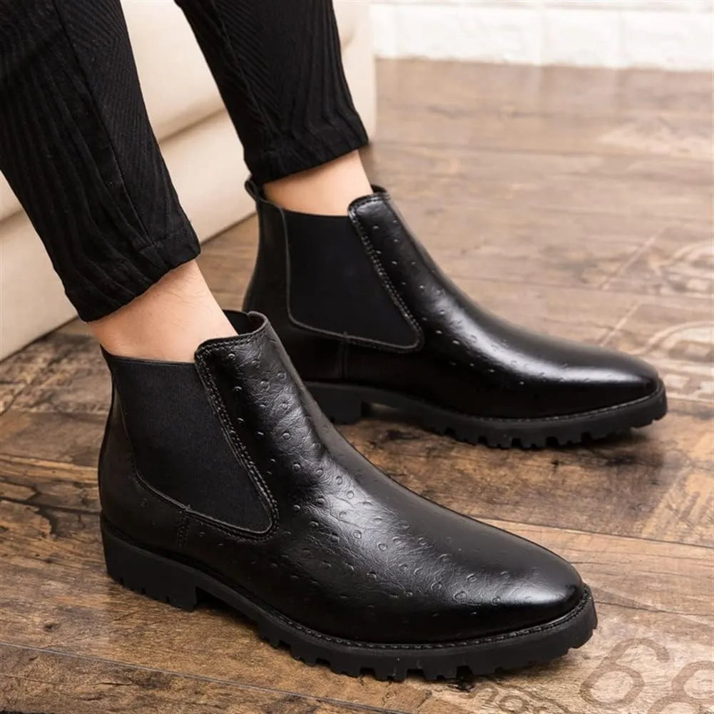 HOOENG Chelsea Boots for Men Elastic Bandage Printing PU Wearable Slip on Anti-Slip Waterproof Non Slip Dress Casual