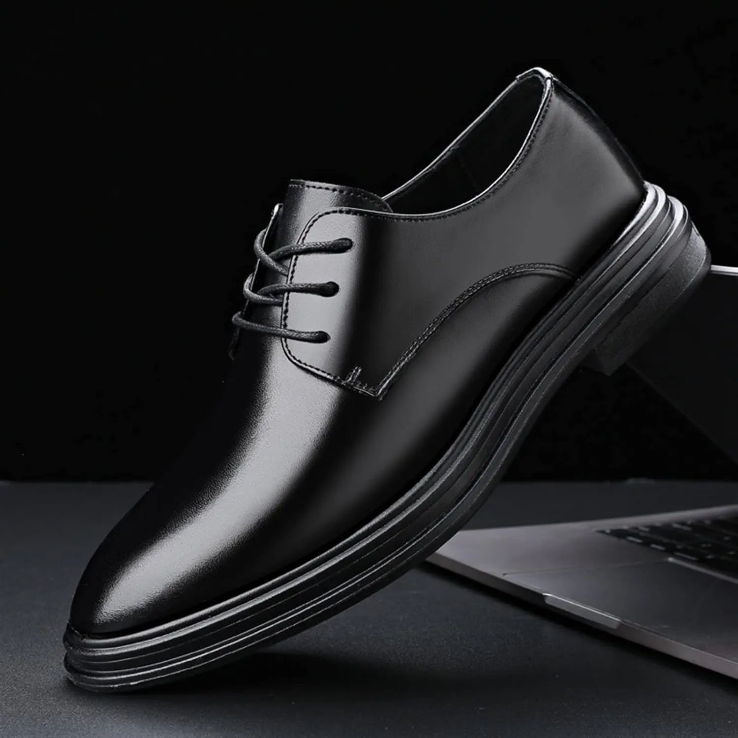 HOOENG Oxford Shoes for Men Lace Up Round Toe Derby Shoes Vegan Leather Non Slip Block Heel Anti-Slip Rubber Sole Wedding