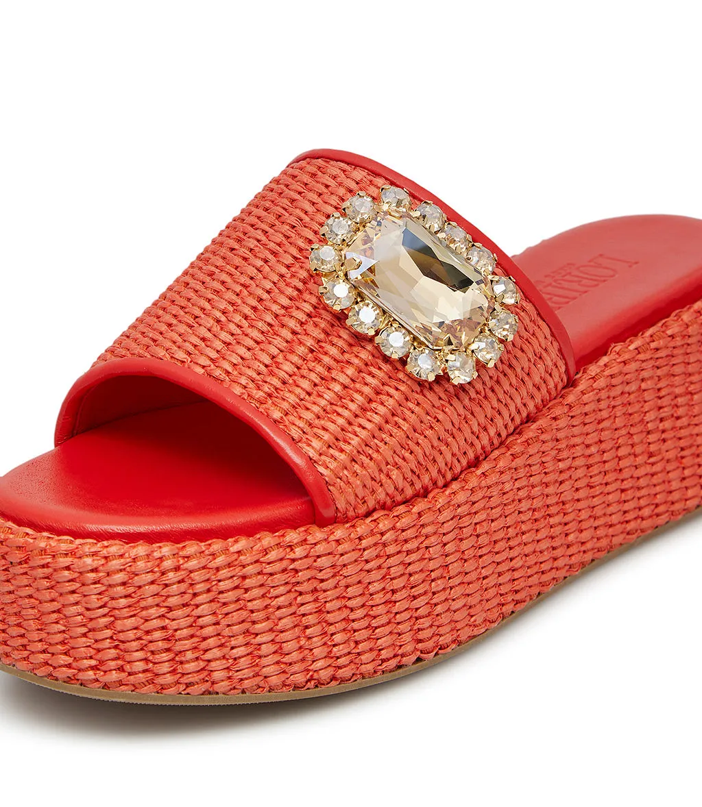 Jewel embellished red nappa and raffia wedge mules