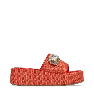 Jewel embellished red nappa and raffia wedge mules