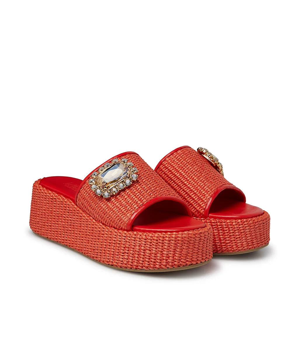 Jewel embellished red nappa and raffia wedge mules