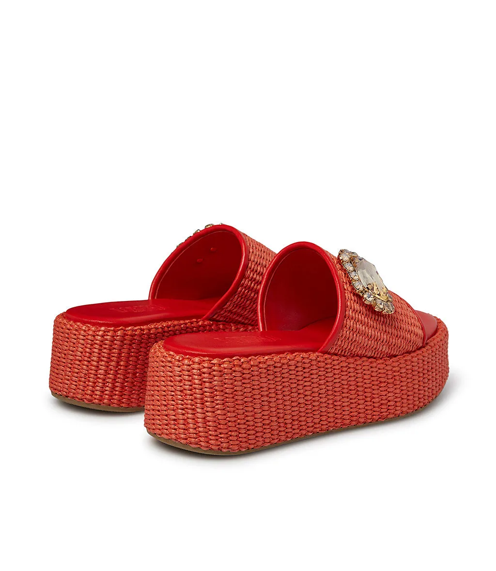 Jewel embellished red nappa and raffia wedge mules