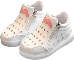 Kids Girls High Top Light Up Ankle Boots Toddler iamond mbellished Anti-Slip Sole Cute Zipper High Top Baby Shoes