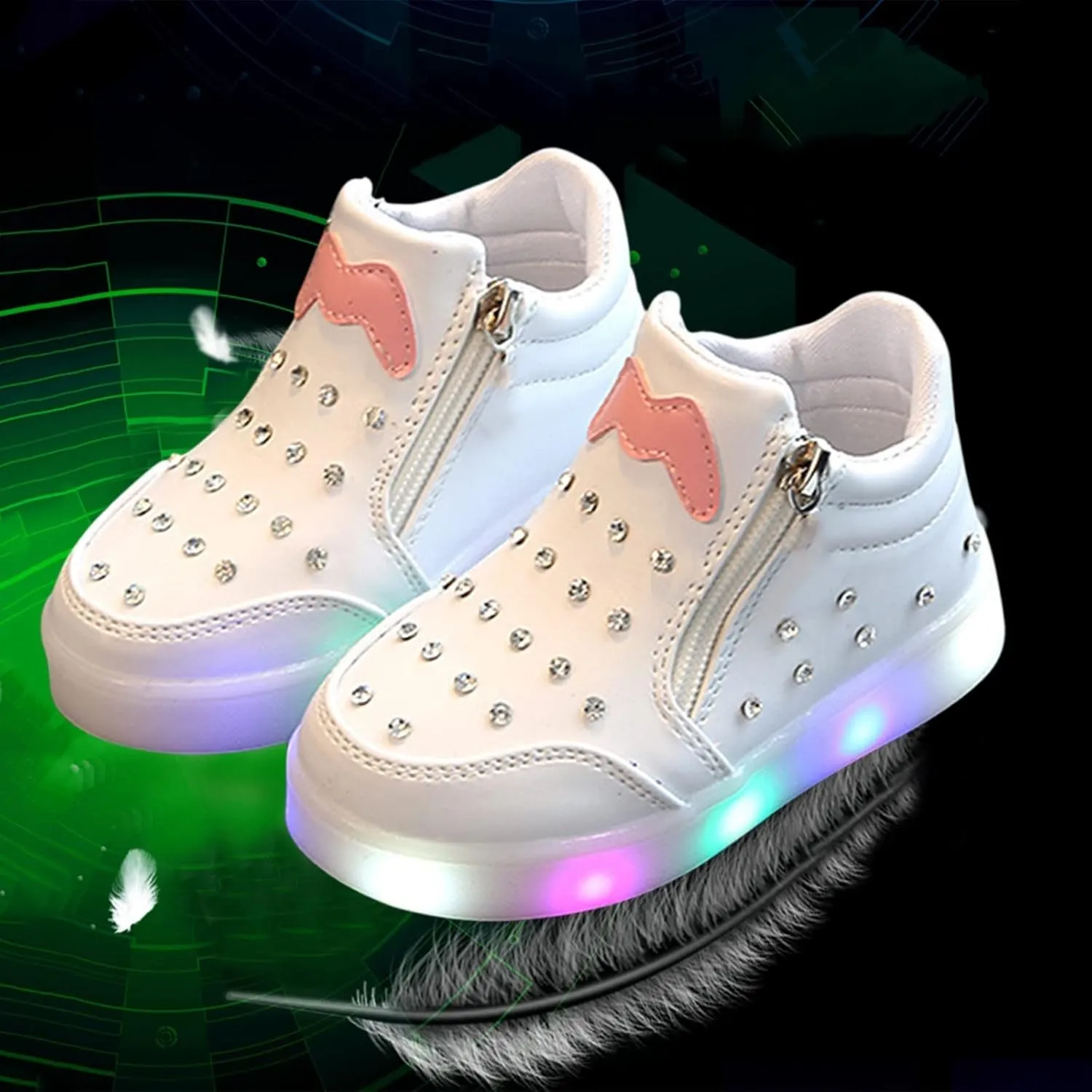 Kids Girls High Top Light Up Ankle Boots Toddler iamond mbellished Anti-Slip Sole Cute Zipper High Top Baby Shoes