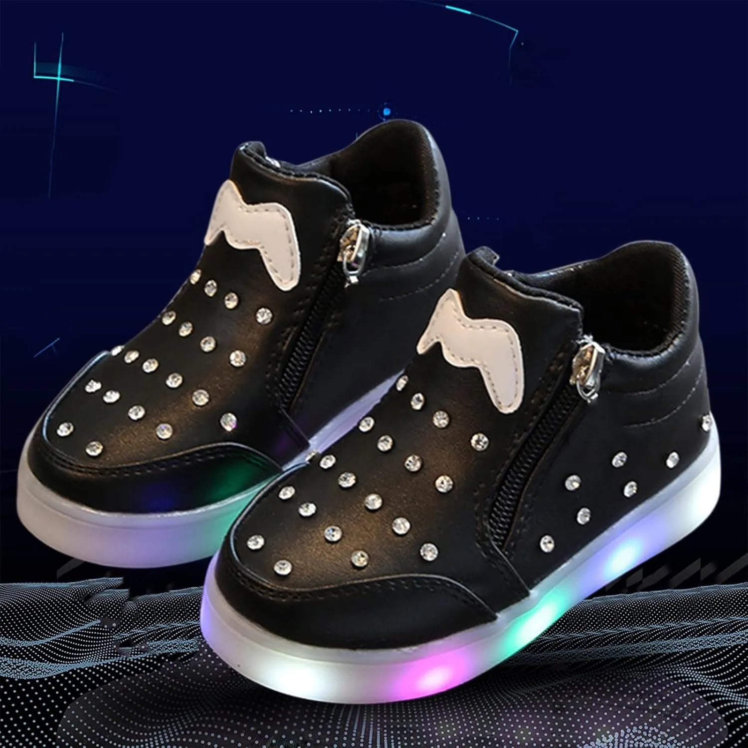 Kids Girls High Top Light Up Ankle Boots Toddler iamond mbellished Anti-Slip Sole Cute Zipper High Top Baby Shoes