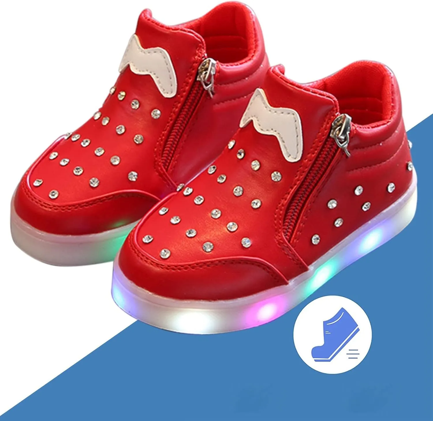 Kids Girls High Top Light Up Ankle Boots Toddler iamond mbellished Anti-Slip Sole Cute Zipper High Top Baby Shoes