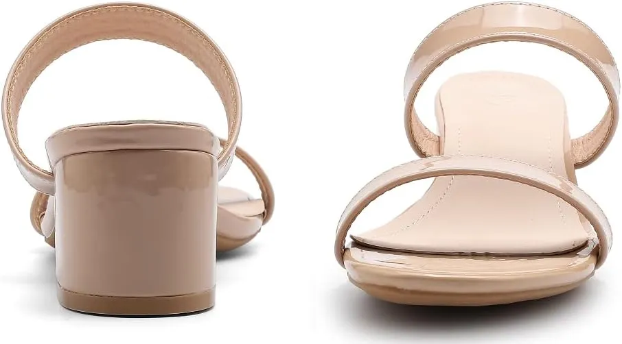 kkdom Round Toe Chunky Heels Sandals-Clear Nude Black Short Heels Two Strap Leather Mule Sandals Slip On Block Heels for Party Dating Daily Work