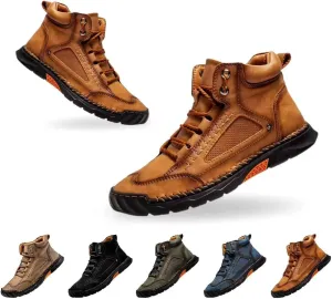 Men's Handmade Leather Boots - Comfortable Waterproof Arch Support, Hand-Stitched Ankle Boots with Wide Toe Box for Outdoor Use