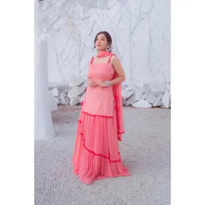 MONK & MEI Sharmila Chikankari Kurta with Skirt Dupatta Peach Melon (Set of 3)