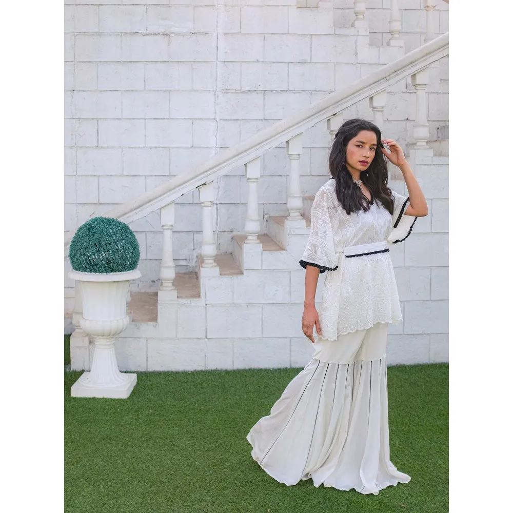 MONK & MEI Suraiya Chikankari Kaftan Sharara & Belt - White (Set of 3)