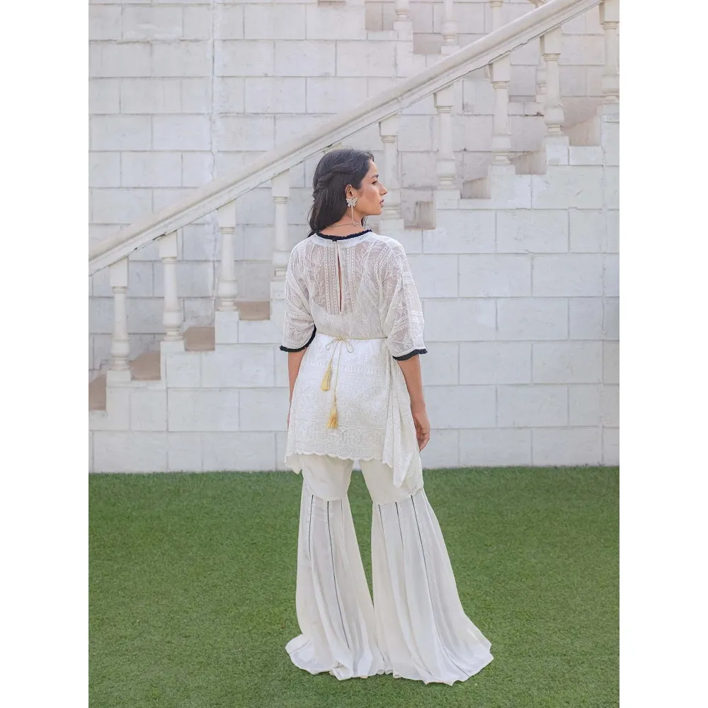 MONK & MEI Suraiya Chikankari Kaftan Sharara & Belt - White (Set of 3)