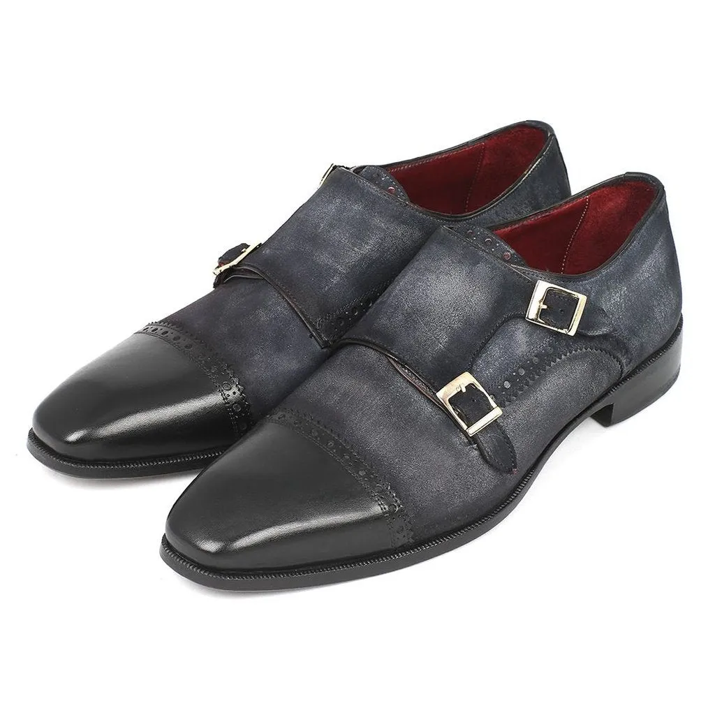 Paul Parkman Men's Captoe Double Monkstraps Navy Suede (ID#FK77W)