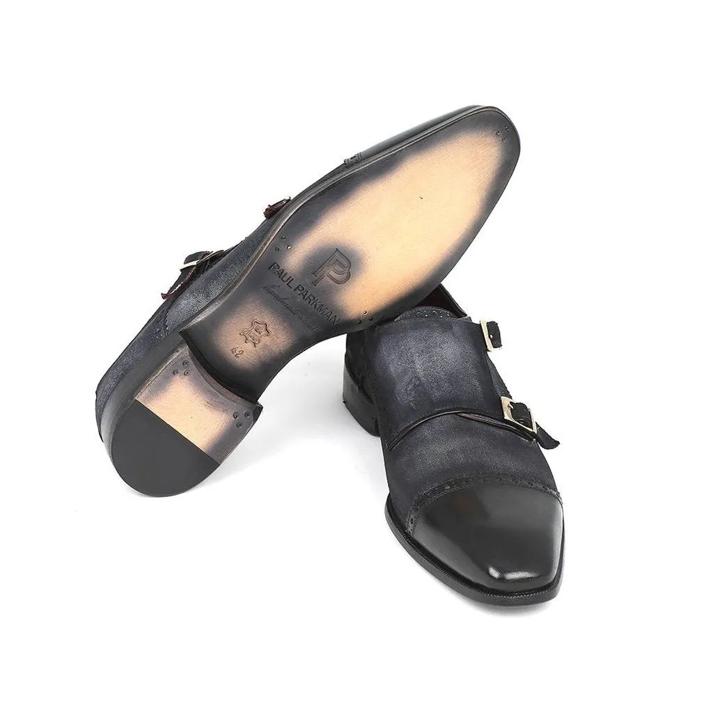 Paul Parkman Men's Captoe Double Monkstraps Navy Suede (ID#FK77W)