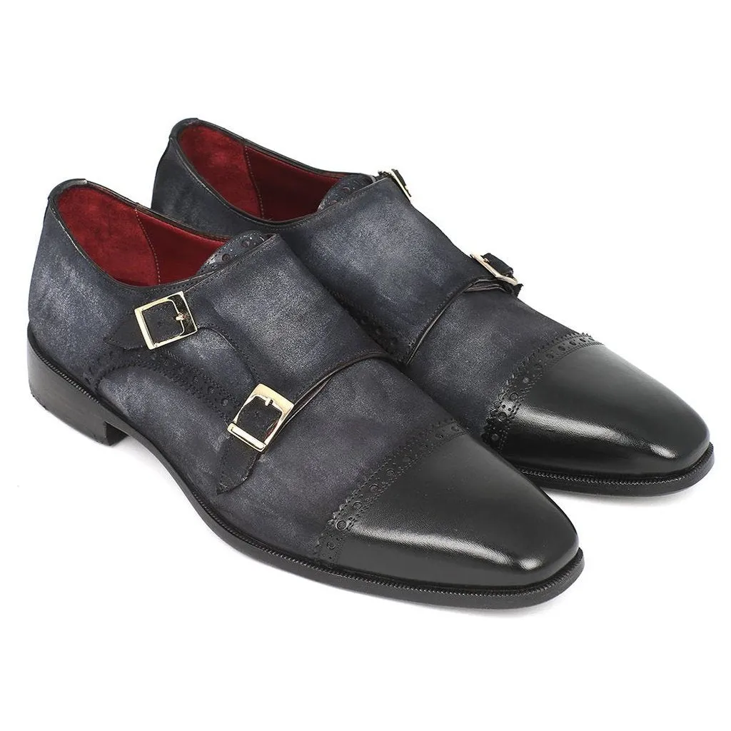 Paul Parkman Men's Captoe Double Monkstraps Navy Suede (ID#FK77W)