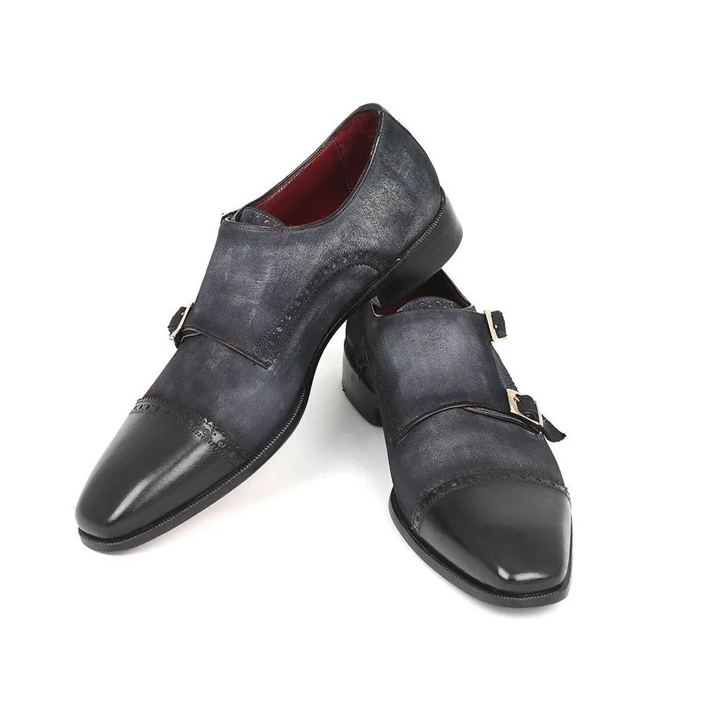 Paul Parkman Men's Captoe Double Monkstraps Navy Suede (ID#FK77W)