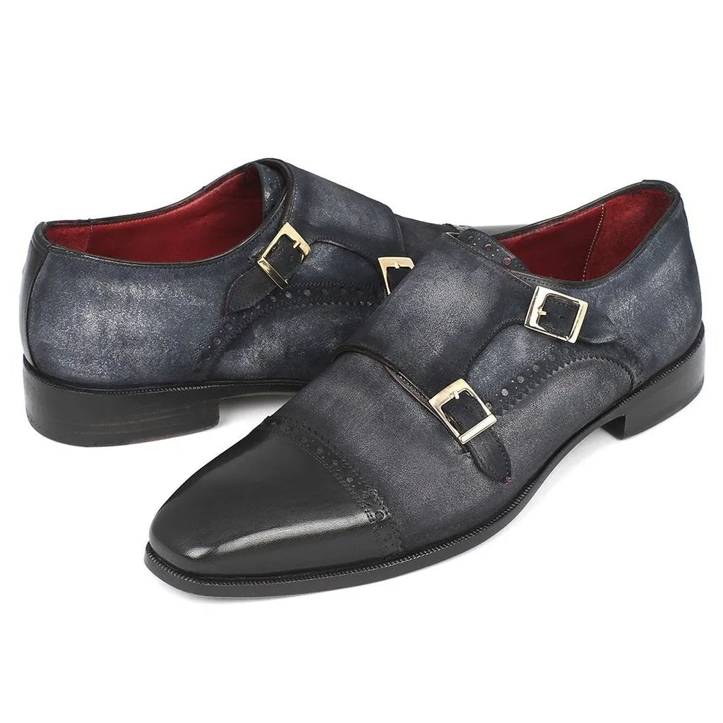 Paul Parkman Men's Captoe Double Monkstraps Navy Suede (ID#FK77W)