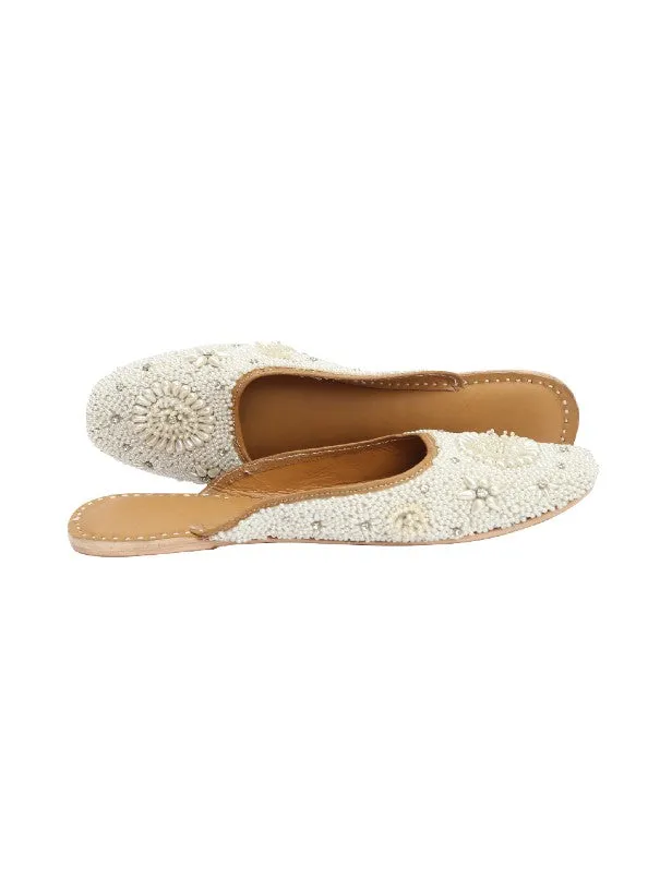 Perle - White Beads Studded Leather Open Mules