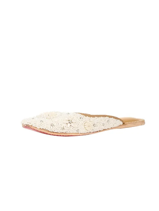 Perle - White Beads Studded Leather Open Mules