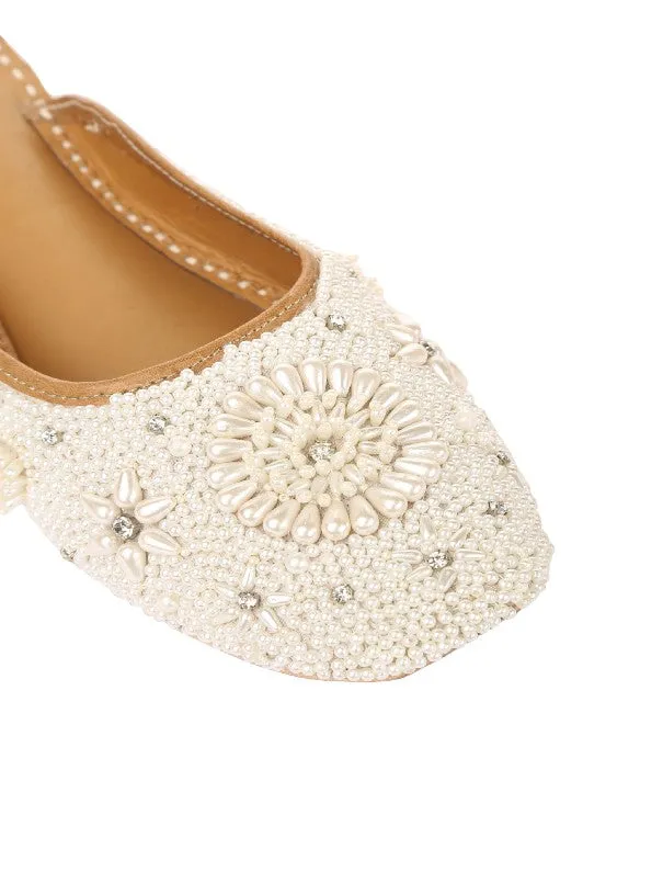 Perle - White Beads Studded Leather Open Mules