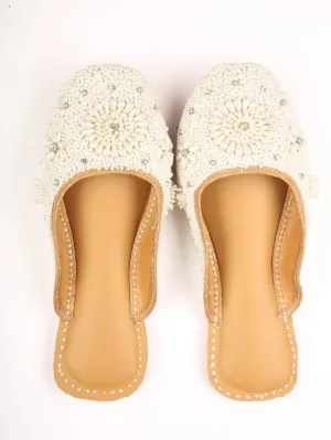 Perle - White Beads Studded Leather Open Mules
