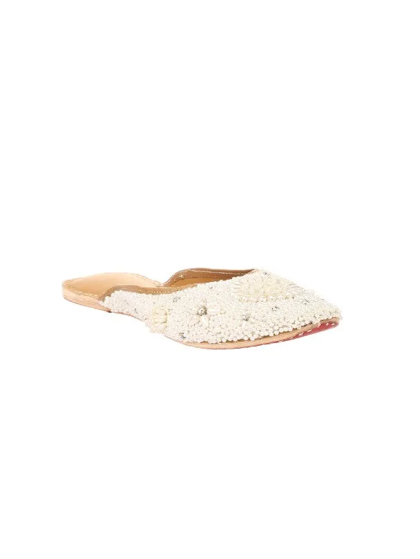 Perle - White Beads Studded Leather Open Mules