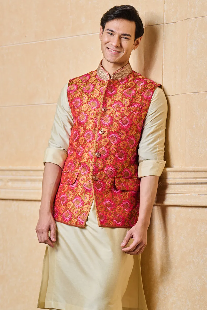 Red Floral Brocade Kurta Bundi Set