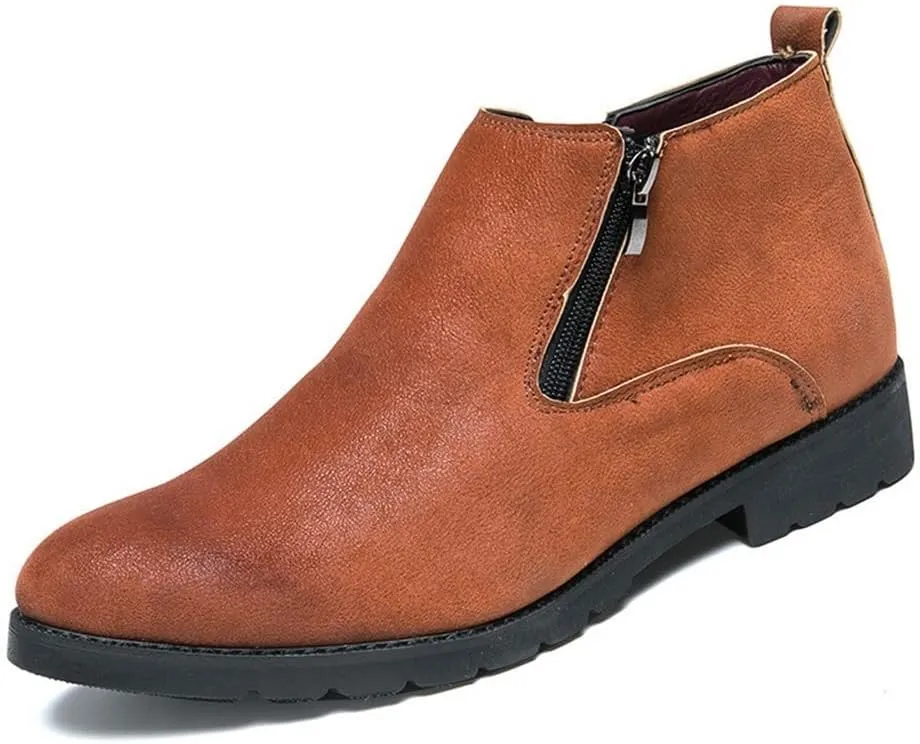 Round Toe Ankle Boots for Men Elastic Bandage Side Zip Vegan Leather Wearable Non Slip Anti-Slip Waterproof Dress Casual