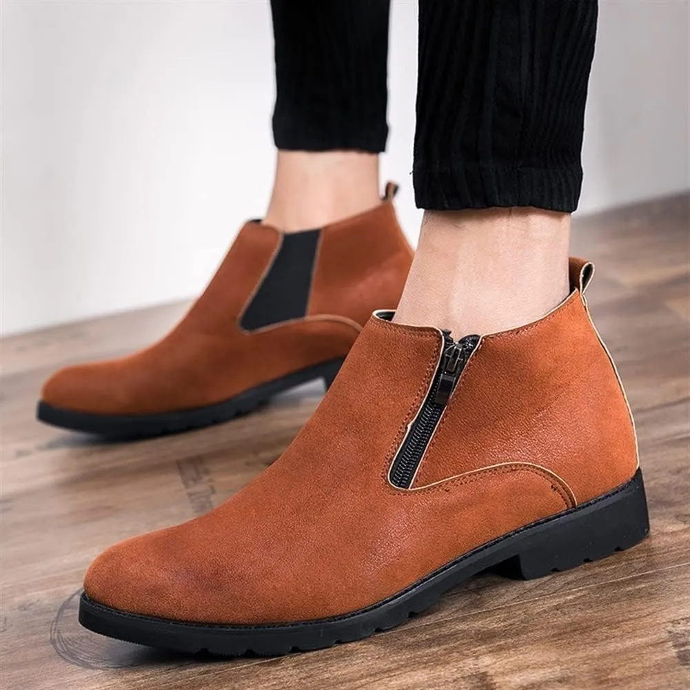 Round Toe Ankle Boots for Men Elastic Bandage Side Zip Vegan Leather Wearable Non Slip Anti-Slip Waterproof Dress Casual