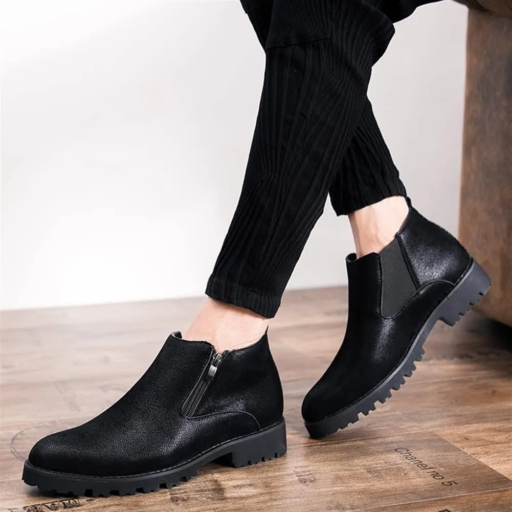 Round Toe Ankle Boots for Men Elastic Bandage Side Zip Vegan Leather Wearable Non Slip Anti-Slip Waterproof Dress Casual