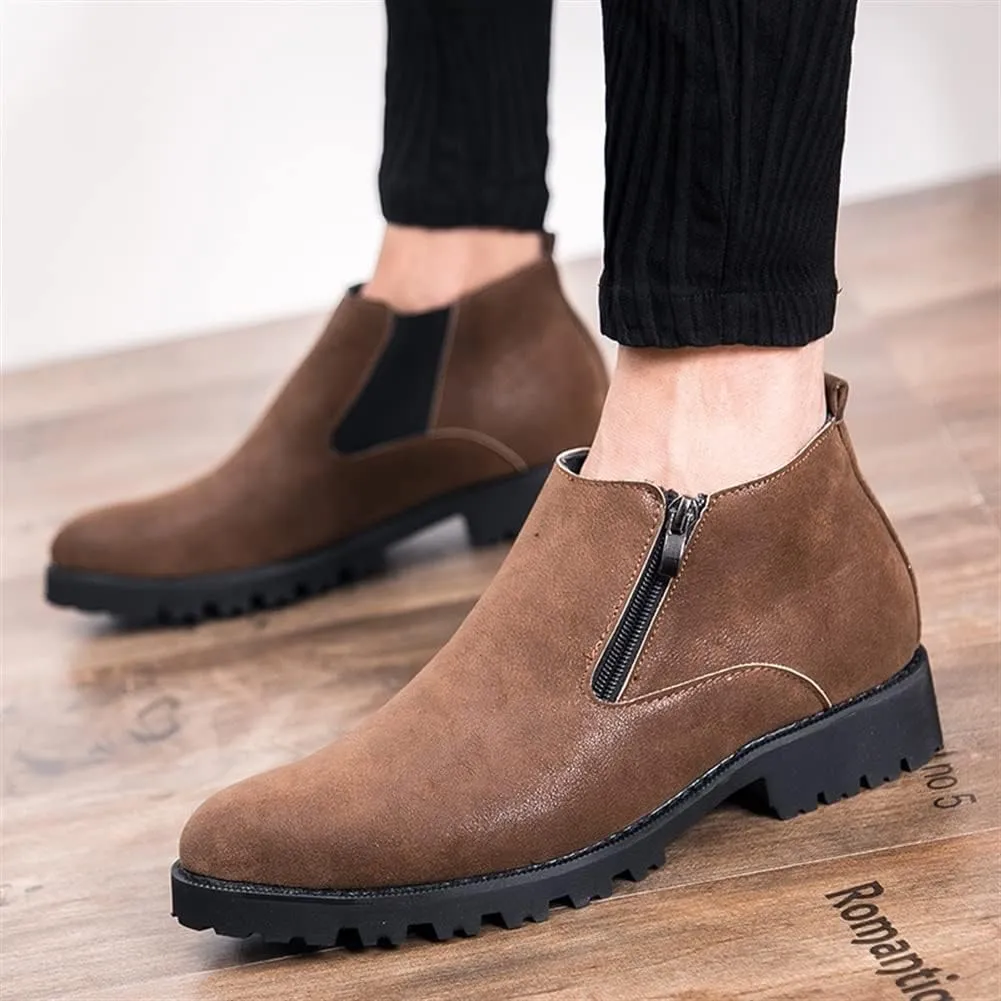 Round Toe Ankle Boots for Men Elastic Bandage Side Zip Vegan Leather Wearable Non Slip Anti-Slip Waterproof Dress Casual
