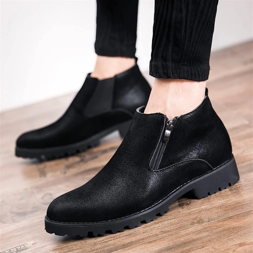 Round Toe Ankle Boots for Men Elastic Bandage Side Zip Vegan Leather Wearable Non Slip Anti-Slip Waterproof Dress Casual