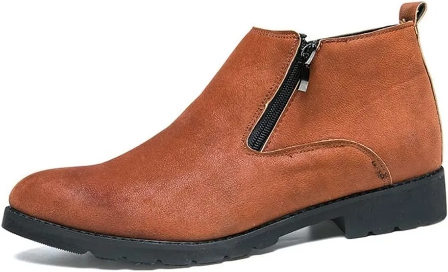 Round Toe Ankle Boots for Men Elastic Bandage Side Zip Vegan Leather Wearable Non Slip Anti-Slip Waterproof Dress Casual