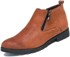 Round Toe Ankle Boots for Men Elastic Bandage Side Zip Vegan Leather Wearable Non Slip Anti-Slip Waterproof Dress Casual