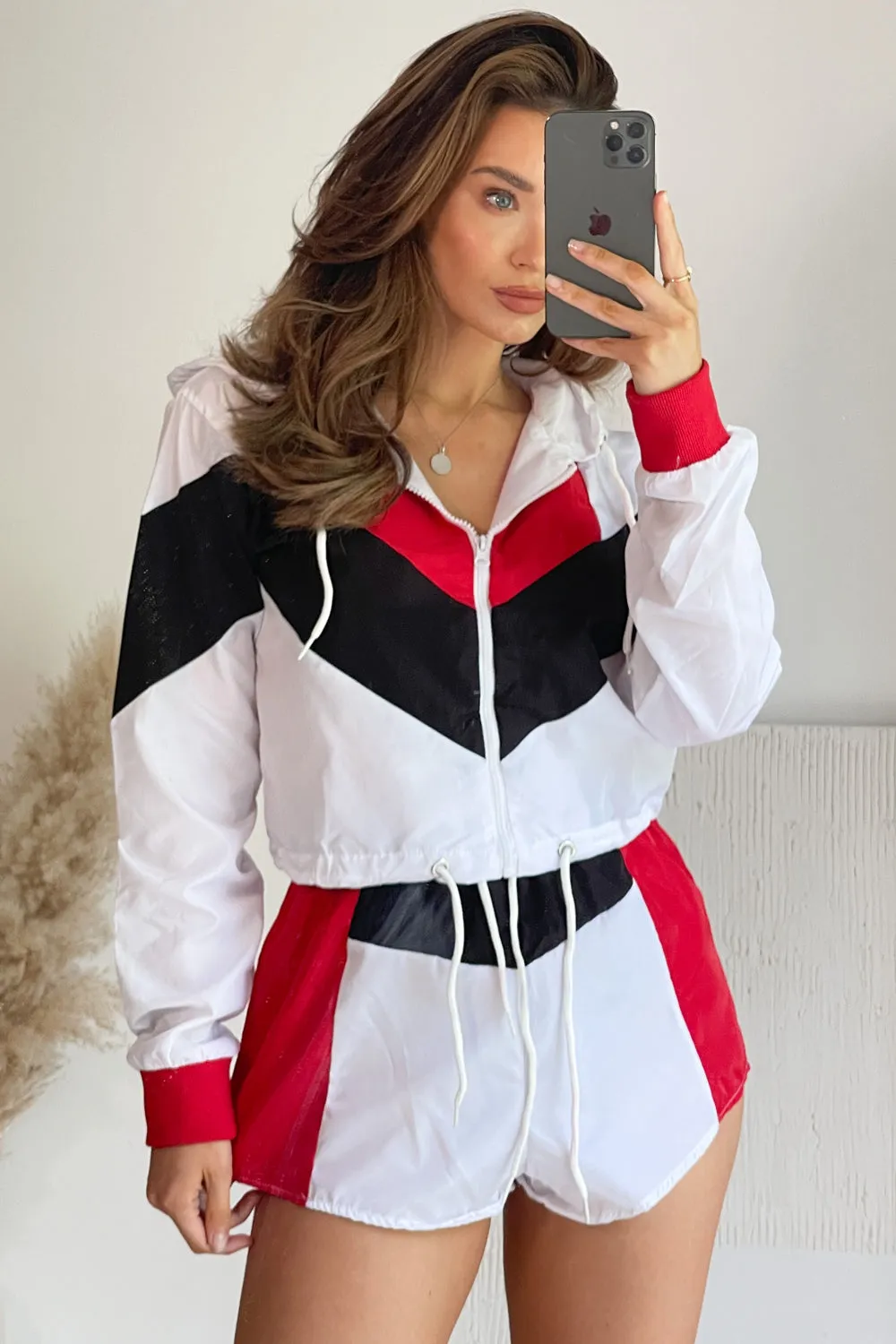 Saskia Black and Red Colour Block Cropped Hoodie and Shorts Shell Co-Ord Set