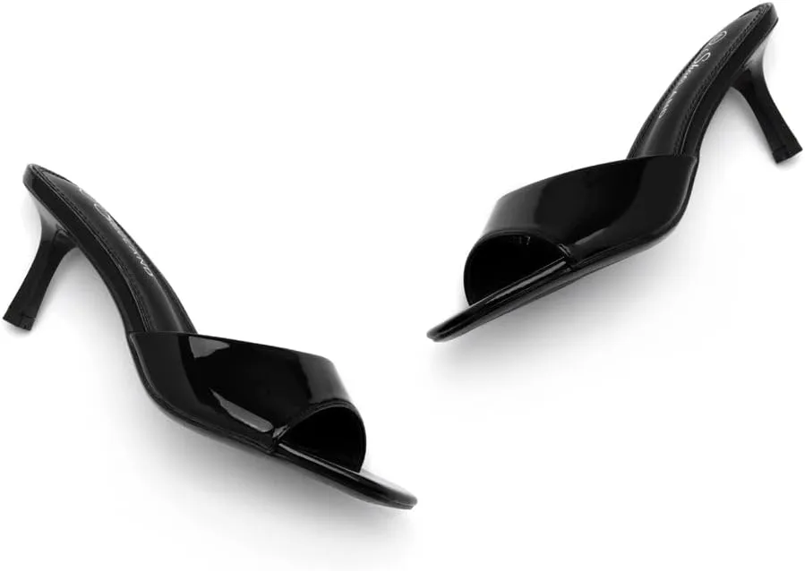 Shoe Land Deverena Women's Low Heels Stiletto Heeled Slides, Open Toe One Band Slip-On Heeled Mules  Dressy Heeled Sandals for Prom, Party, Wedding, and Vacation