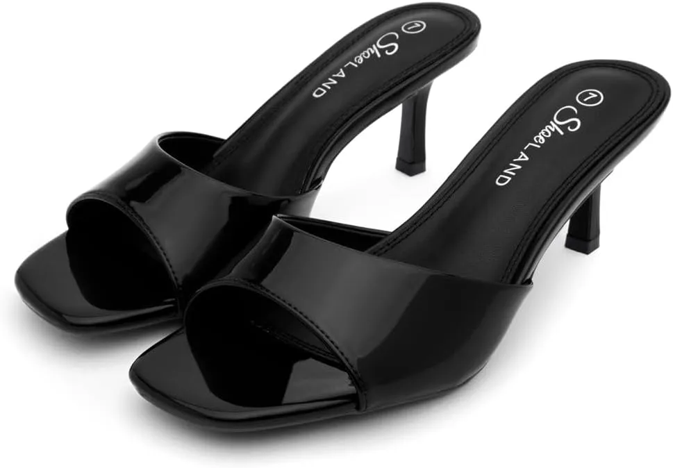 Shoe Land Deverena Women's Low Heels Stiletto Heeled Slides, Open Toe One Band Slip-On Heeled Mules  Dressy Heeled Sandals for Prom, Party, Wedding, and Vacation