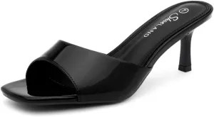Shoe Land Deverena Women's Low Heels Stiletto Heeled Slides, Open Toe One Band Slip-On Heeled Mules  Dressy Heeled Sandals for Prom, Party, Wedding, and Vacation