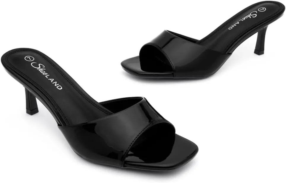Shoe Land Deverena Women's Low Heels Stiletto Heeled Slides, Open Toe One Band Slip-On Heeled Mules  Dressy Heeled Sandals for Prom, Party, Wedding, and Vacation