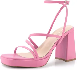 Shoe'N Tale Platform Heels for Women Strappy Block Chunky Heels Square Toe Ankle Buckle Sandals