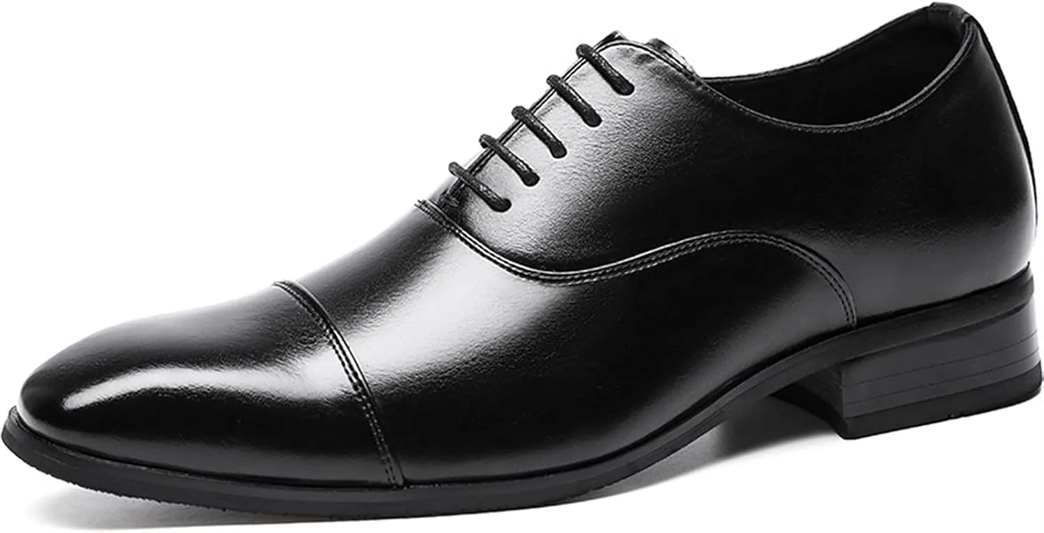 Single Season Formal Shoes for Men Lace Up Cap Toe Black Burnished Toe Vegan Leather Slip Resistant Low Top Anti-Slip Rubber Sole Non Slip Prom Very Popular Among Young People