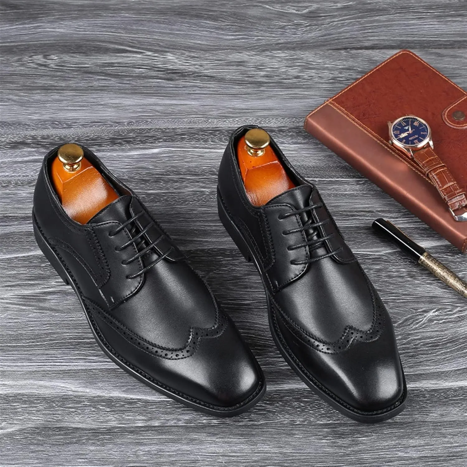 Single Season Formal Shoes for Men Lace Up Wing Tip Derby Shoes Burnished Toe Vegan Leather Anti-Slip Block Heel Low Top Non Slip Rubber Sole Classic Very Popular Among Young People
