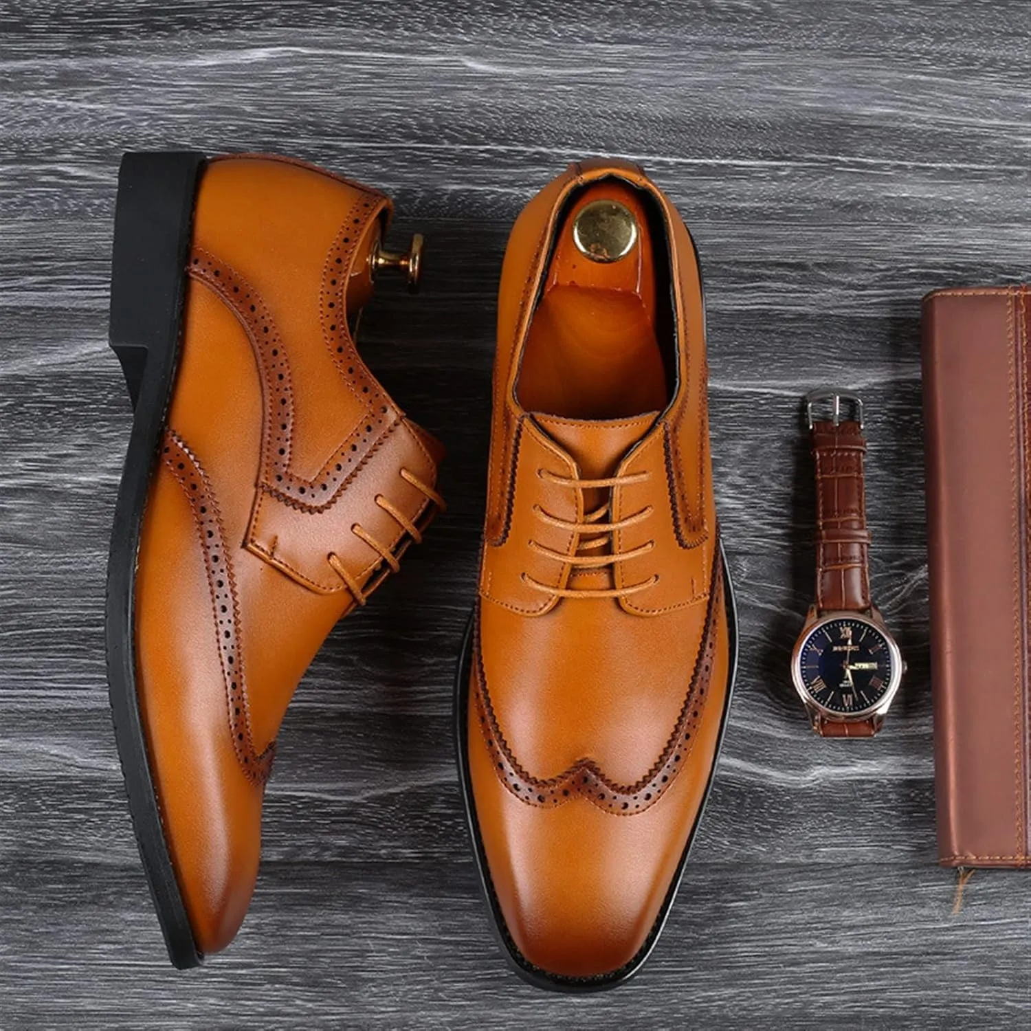 Single Season Formal Shoes for Men Lace Up Wing Tip Derby Shoes Burnished Toe Vegan Leather Anti-Slip Block Heel Low Top Non Slip Rubber Sole Classic Very Popular Among Young People
