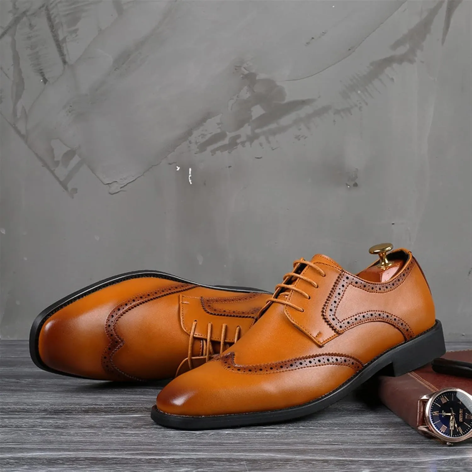Single Season Formal Shoes for Men Lace Up Wing Tip Derby Shoes Burnished Toe Vegan Leather Anti-Slip Block Heel Low Top Non Slip Rubber Sole Classic Very Popular Among Young People