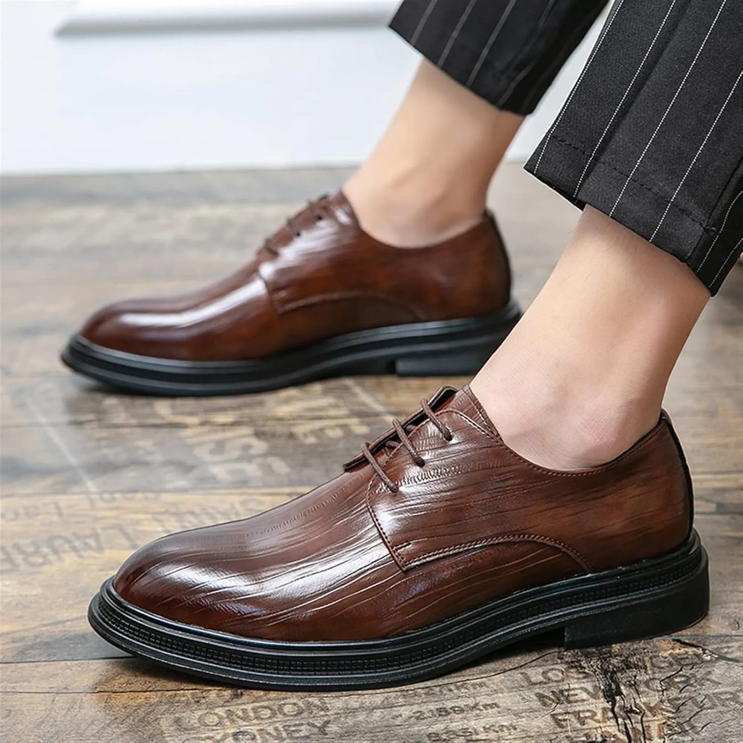 Single Season Men's Oxford Shoes Lace-Up Round Toe Vegan Leather Rubber Sole Low Heel Non-Slip Very Popular Among Young People (Color : Brown, Size : 8.5)