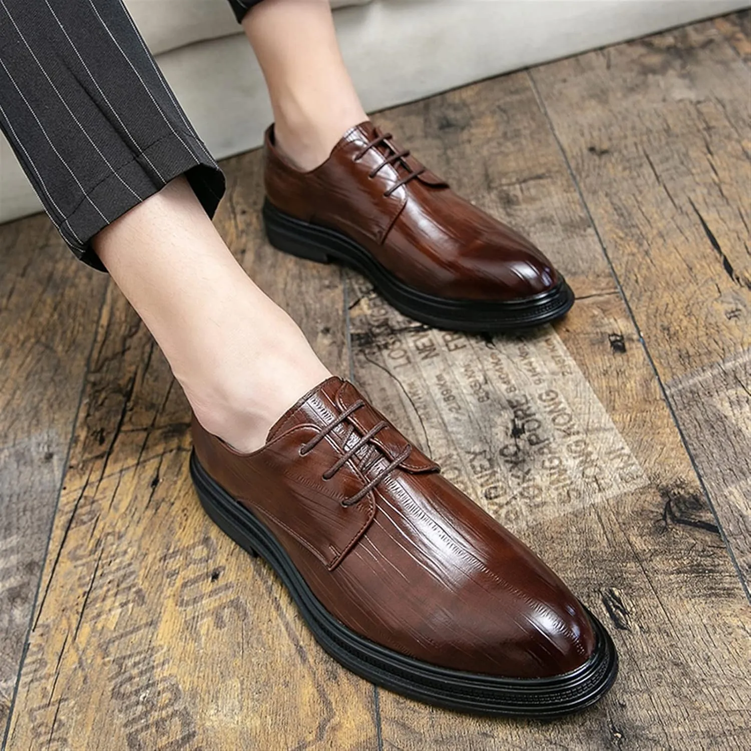 Single Season Men's Oxford Shoes Lace-Up Round Toe Vegan Leather Rubber Sole Low Heel Non-Slip Very Popular Among Young People (Color : Brown, Size : 8.5)