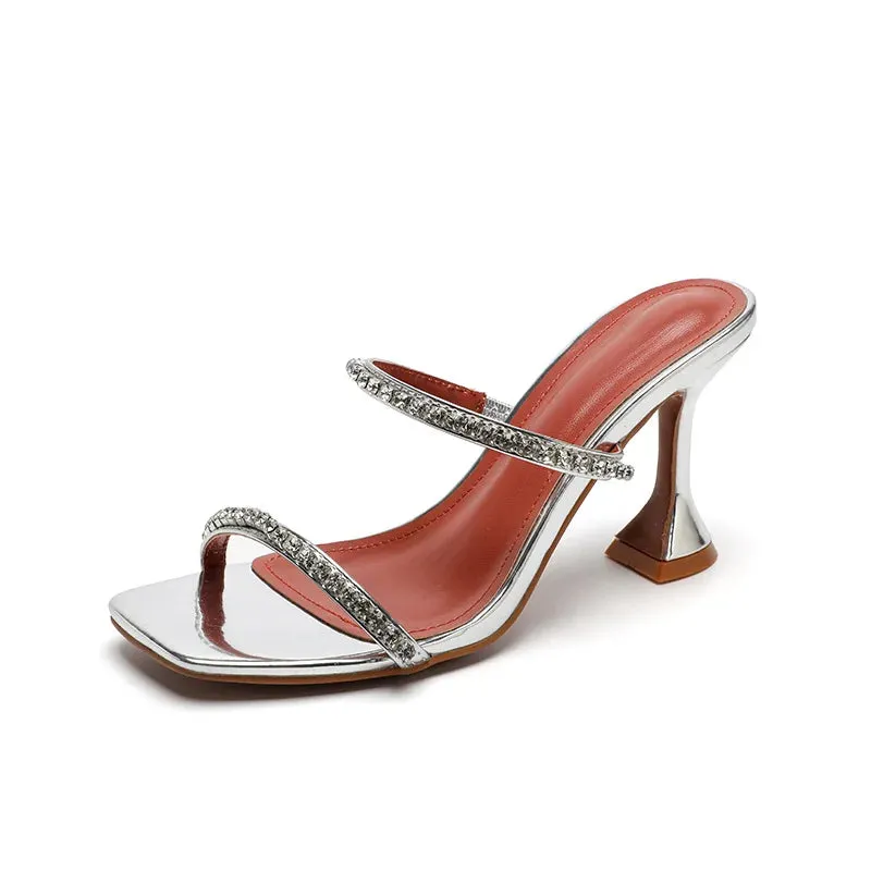 Sohiwoo  New Summer Women Sandals Rhinestone Slippers Yellow Square Toe Narrow Band High Heels Ladies Mules Sexy Party Prom Shoes