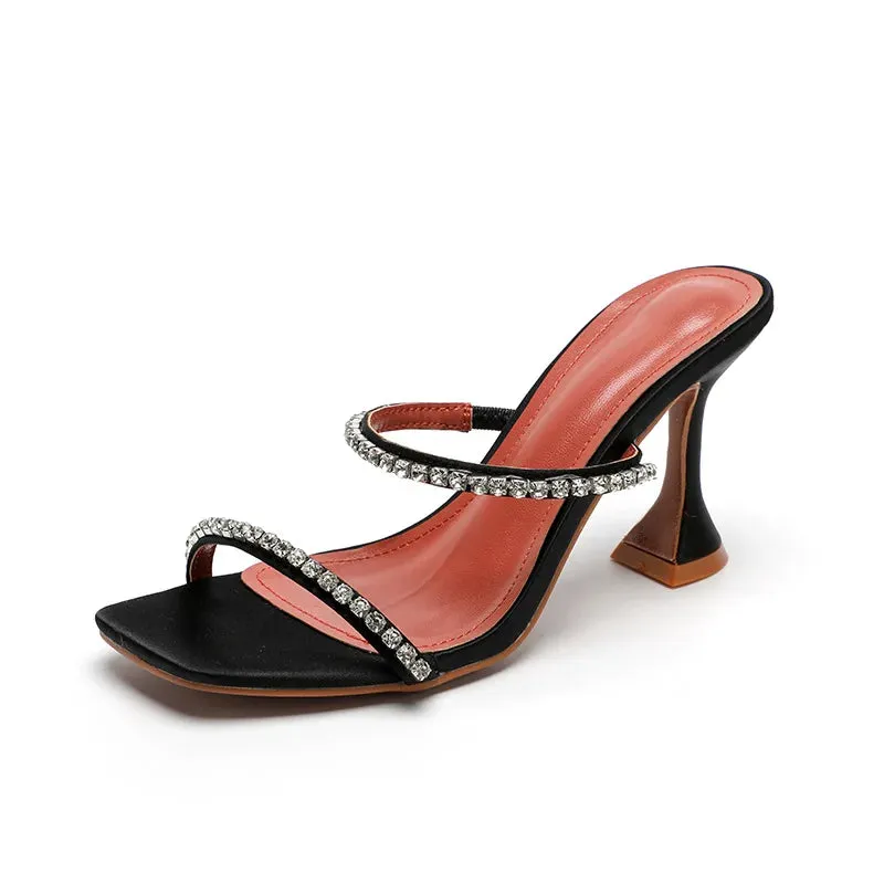 Sohiwoo  New Summer Women Sandals Rhinestone Slippers Yellow Square Toe Narrow Band High Heels Ladies Mules Sexy Party Prom Shoes
