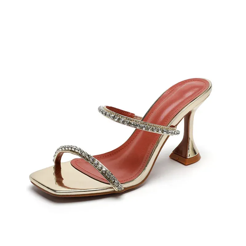 Sohiwoo  New Summer Women Sandals Rhinestone Slippers Yellow Square Toe Narrow Band High Heels Ladies Mules Sexy Party Prom Shoes